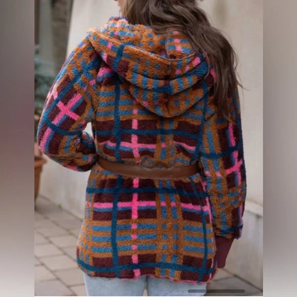 Fleece Jewel Plaid Wrap Jacket | Multi Fleece Plaid Wrap Jacket L/XL - Picture 9 of 12